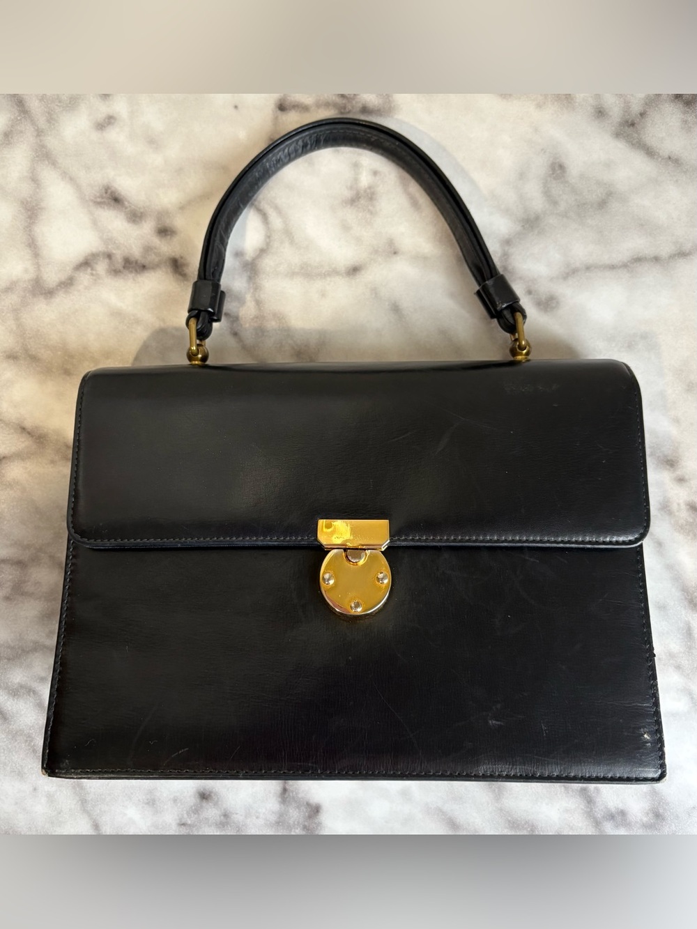 Vintage J. Miller Black Leather Structured Top Handle Handbag 1950s 60s